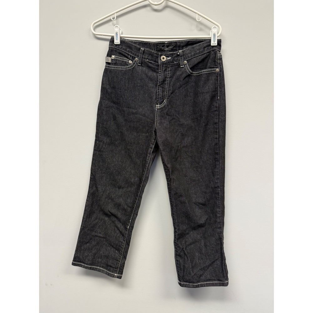 Baby Phat Jeans Womens 9 Black Denim Contrast Stitch Cropped Y2K Cat Logo Capri